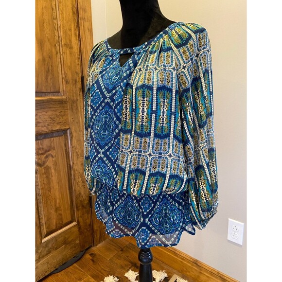 FIGUEROA & Flower Blouse Sz Large Boho Peasant Elastic Waist Blue Green Top - Picture 4 of 12